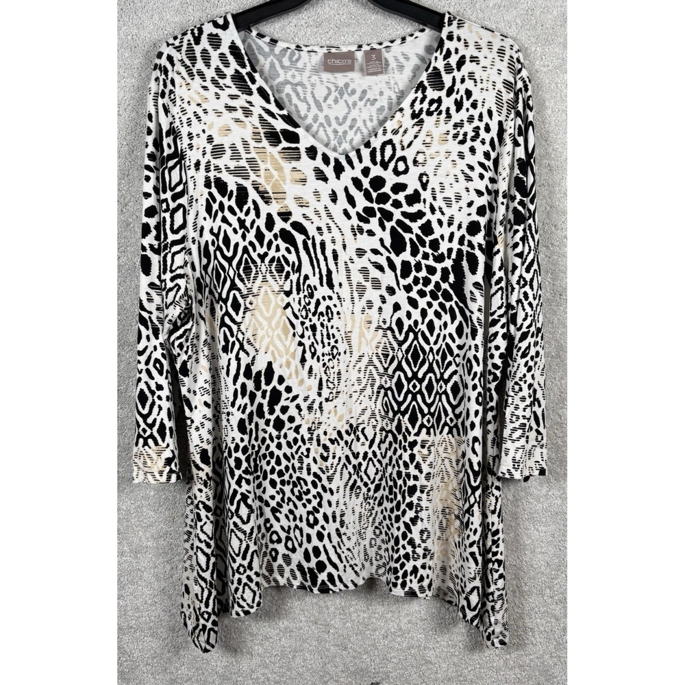 Chicos Cheetah Animal Print Black White Shirt Top Blouse Tunic V Neck L XL 3